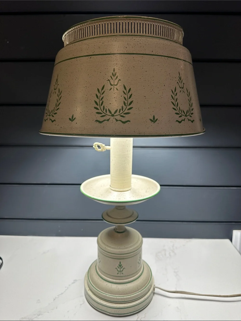 Vintage Cream and Green Colonial Table Lamp - Metal 18” 1950